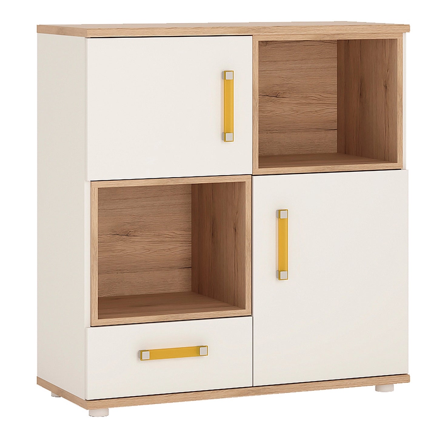 Furniture To Go 4Kids 2 Door 1 Drawer Cupboard with 2 Open Shelves in Light Oak & White High Gloss (Orange Handles)