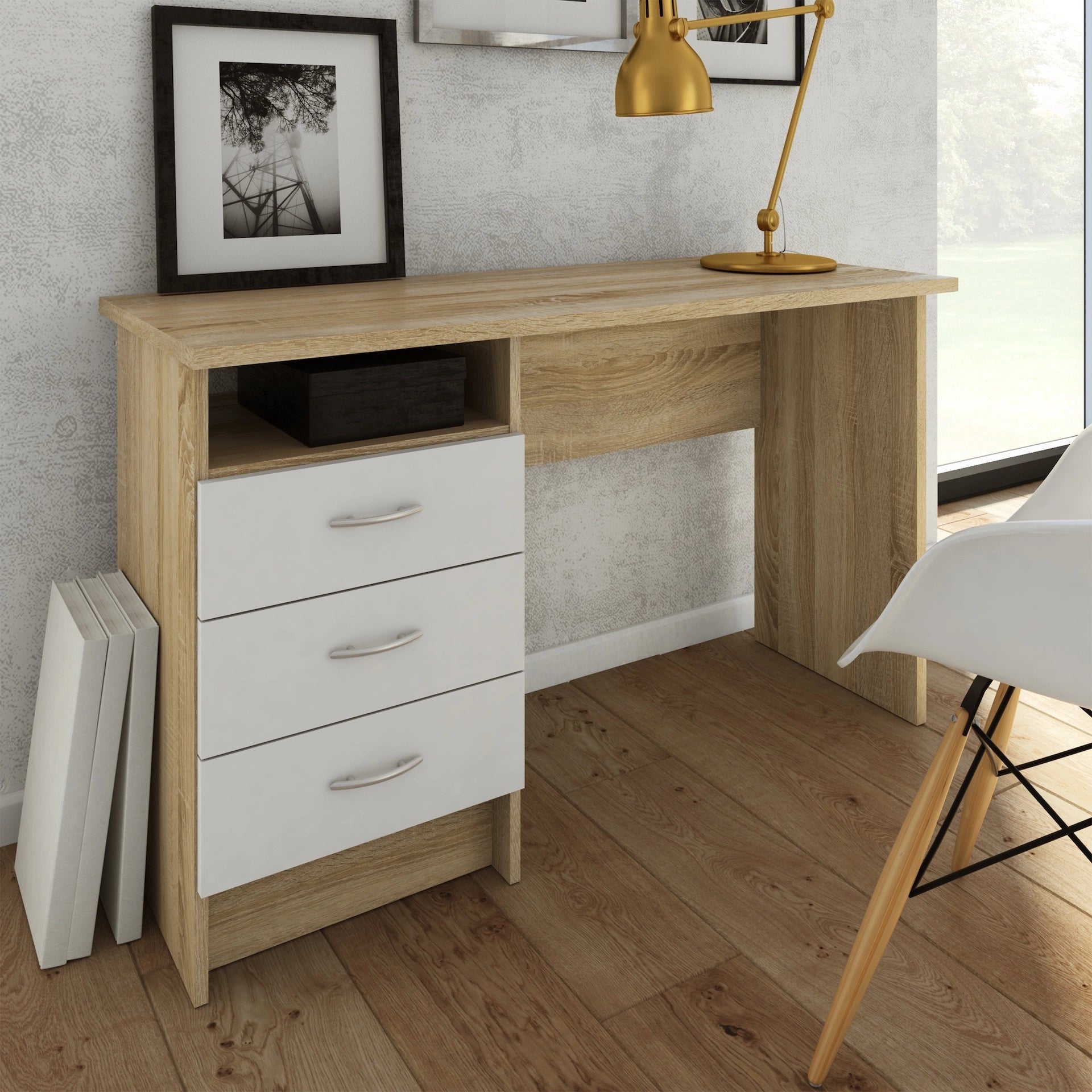 Furniture To Go Function Plus Oak Desk 3 White Drawers